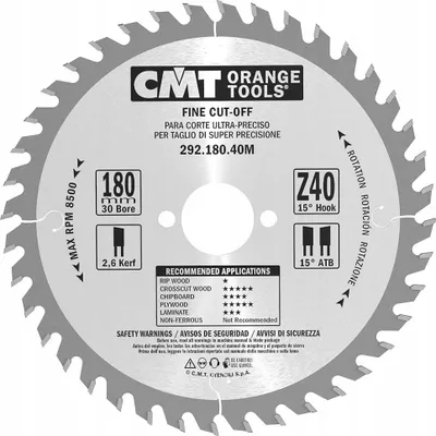 Zdjęcie produktu dla CMT Piła tarczowa HM 180x30x2,6/1,6 mm 40 zębów ATB 292.180.40M (EAN: 8019296006360)