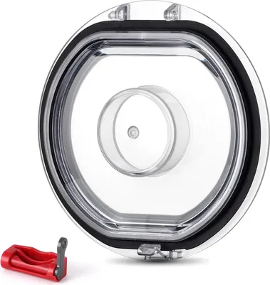 A clear plastic lid with a black rubber seal and a small red tool.