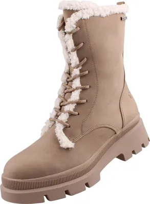 A single beige boot with white fur lining and laces, shown from a slightly angled front view against a white background.