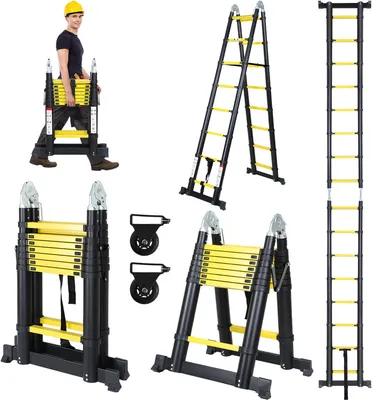 Obrázok produktu pre Yakimz teleskopický výsuvný rebrík skladací rebrík stabilný hliníkový rebrík do 150 kg 2,5 m + 2,5 m čierny + žltý bez hákov So stabilizátorom S kolieskami