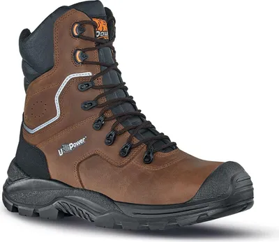A single brown and black work boot is shown against a white background.