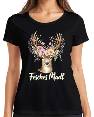 Produktbild von Fesches Madl Reh Hirsch Blumen Geweih Tracht Bayern Lederhose Jagd Damen T-Shirt, Schwarz, 3XL
