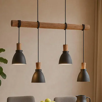 Produktbild von Lindby Hängeleuchte Trebale, 4-flg., schwarz, Holz/Metall