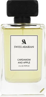 A clear studio shot of a bottle of Swiss Arabian Cardamom and Apple Eau de Parfum.