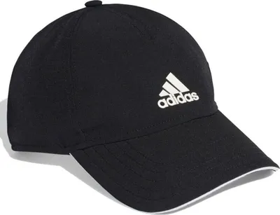 A black Adidas baseball cap is shown against a white background.