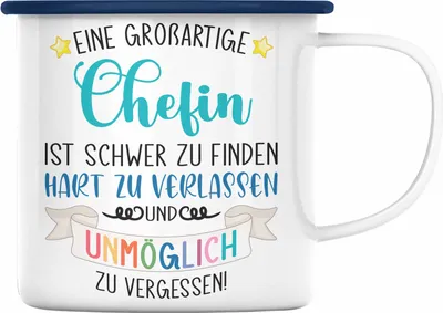 Produktbild von Trendation - Chefin Abschied Abschiedsgeschenk Chefinnen Emaille Tasse mit Spruch Grossartige Chefin Geschenkidee (Blau)