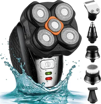 Immagine prodotto di Rasoio elettrico multifunzione Linomag®, professionale, 5D 6 in 1 con testine di rasatura flessibili e rotanti, impermeabile, ricaricabile tramite USB, per testa, barba, naso e contorni, nero/argento