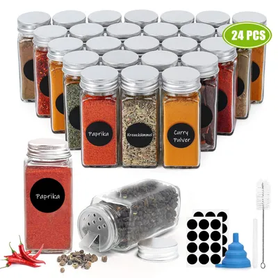Produktbild von 24er Gewürzgläser Eckig Set, Gewürzstreuer Glas mit Streueinsatz und Etiketten, Gewürzdosen Luftdicht, gewürzbehälter & Spice Jars