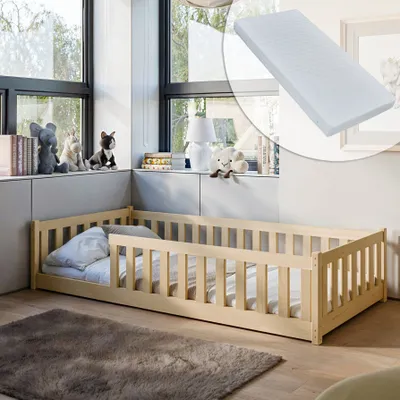 Image de Lit d'enfant lit de sol 90x200 cm Lit avec matelas, protection contre les chutes & sommier Montessori Lit d'enfant lit d'adolescent lit simple | bois naturel garçon fille