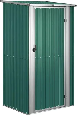 A green metal garden shed with a silver frame and door.
