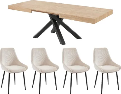 Produktbild von Set Tisch CATONAV + 4 Stühle MASURIE - Holzfarben & Cremefarben
