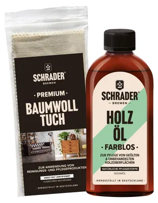 Produktbild von SCHRADER Holz Öl + Baumwolltuch - Set zur Pflege und zum Erhalt von geölten oder unbehandeltem Holz - lebensmittelsicher -  Germany