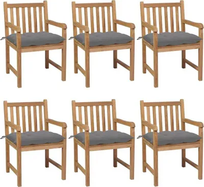 Produktbild von Gartenstühle 6 Stk. mit Grauen Kissen Massivholz Teak