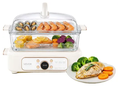 Image de VEVOR Cuiseur vapeur électrique 6 L avec 2 niveaux de cuisson en verre, 1200 W, blanc. Idéal pour cuire des légumes et des plats pour 1 à 3 personnes, avec des programmes préprogrammés et une fonction de programmation du démarrage. Convient pour les légumes, les fruits de mer et le riz