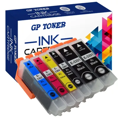 A set of printer ink cartridges and their packaging.