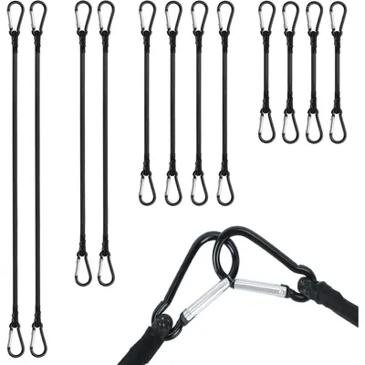 Productafbeelding van Set van 12 elastieken met karabijnhaak, 8 mm latex, zwart, lengte 30-100 cm