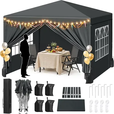 Produktbild von WOLTU Pavillon mit 4 Seitenteilen und 4 Sandsäcke, Faltpavillon 3x3m, höhenverstellbar, Anthrazit