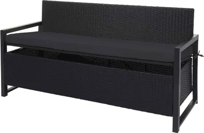Produktbild von Polyratanová 3-miestna lavica HWC-F39, záhradná lavica lavica s truhlou, úložný priestor sedák ~ antracit, vankúše čierne