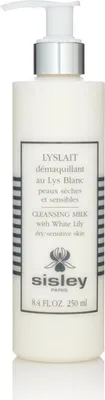 A white bottle of Sisley LYSLAIT Cleansing Milk with a pump dispenser and a label.