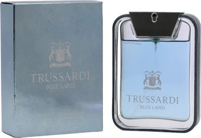 Trussardi Blue Land Eau de Toilette mit himmelblauem Flakon und passender glänzender Box in metallischem Blau, 100 ml.