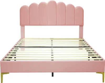 Produktbild von Polsterbett 140 x 200 cm(Ohne Matratze) Doppelbett Jugendbett Gästebett Bettgestell mit Kopfteil und Lattenrost  hautfreundlichem Samtstoff Rosa
