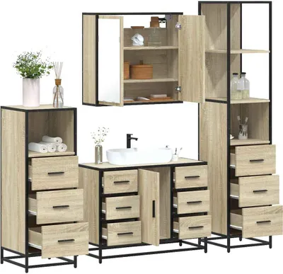 Produktbild von Möbel 4-tlg. Badmöbel-Set Sonoma-Eiche Holzwerkstoff - Badezimmer 3301261