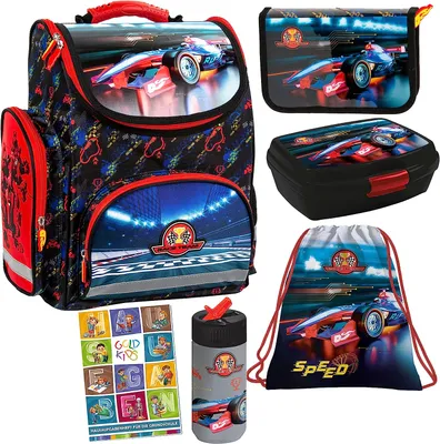 Produktbild von Schulranzen Race Team Formel 1 ergonomischer Ranzen Federmappe Turnbeutel Brotdose Trinkflasche Aufgabenheft für die Grundschule 6er Set. Geeignet ab der ersten Klasse der Grundschule