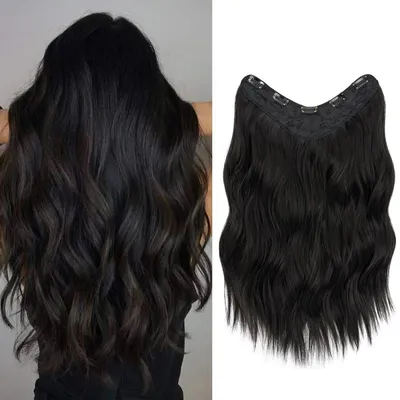 Produktbild von Clip in Extensions Gewellt 45 cm Schwarz Kunsthaar Einteiler U-Form 5 Clips