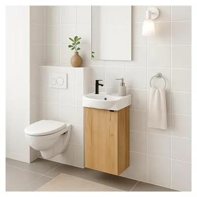 Produktbild von wc waschbecken mit unterschrank 69 x 40 x 21,3 cm, waschtisch mit unterschrank gäste wc klein, waschtischunterschrank - gäste wc möbel Eiche, gästebad mit schwarz matt Armatur, klick-Klack