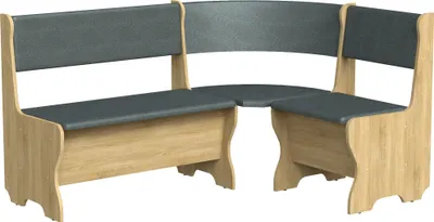 A corner bench with gray upholstered seats and backs, and a wood-effect base.