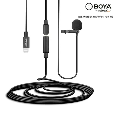 Productafbeelding van Walimex pro Boya M2 clip-on microfoon voor iOS, krachtige lavaliermicrofoon met een frequentiebereik van 50 Hz tot 20 kHz, externe microfoon met Lightning-adapterkabel, lavaliermicrofoon voor video- en audio-opnames