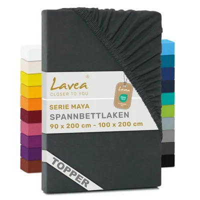 Produktbild von Lavea® Topper Spannbettlaken 90x200 cm - 100x200 cm, Maya 100% Jersey Baumwolle – Weiches Spannbetttuch Topper bis 10 cm- Anthrazit