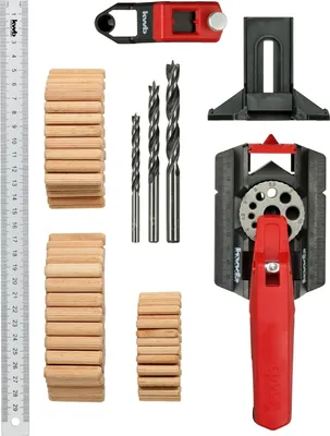 Produktbild von kwb Dübelhilfe/Dübellehre Set inkl. je 50 Dübel und 1 Bohrer 6, 8, 10 mm mit 30 cm, 3-12 mm Bohrlöcher inkl. Kernlochmaßen, Gerade Bohren in Holz, Metall, 153-teilig, Set mit Bohrern und Dübeln