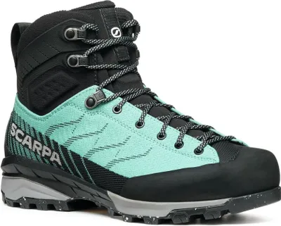 Wanderschuh für Damen; Modell "Mescalito TRK Planet GTX Wmn" von Scarpa; in Schwarz und Mintgrün; mit Schnürung und robustem Design.