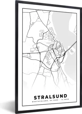 Produktbild von MuchoWow® Gerahmtes Poster Karte - Stralsund - Karte - Stadtplan 60x90 cm - Poster mit Schwarzem Bilderrahmen Wandposter Rahmen Foto Bilder - Kunst