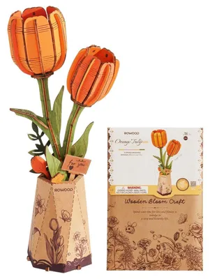 Obrázek produktu pro 3D puzzle "Květina z dřeva", oranžová tulipán, stavebnice pro dospělé, model pro domácí dekoraci, dárek