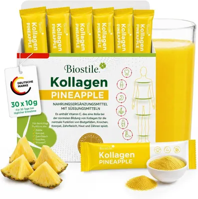 Produktbild von Biostile Collagen Pineapple – 30 Beutel mit 5 Quellen von hydrolysiertem Kollagen, Vitamin C, Kurkumin und Shilajit für Haut, Gelenke und Knochen