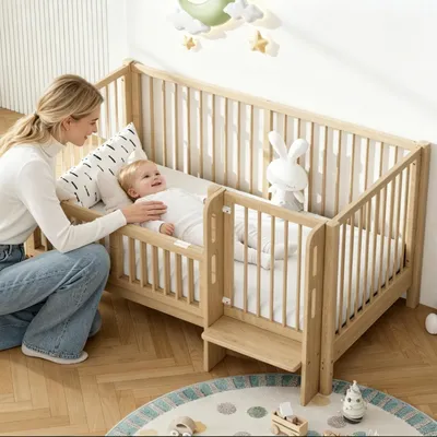 Produktbild von Merax Babybett 140x70 cm, multifunktionales Kinderbett aus Massivholz, umwandelbar in Anstellbett, mit Schutzgeländer, Sicherheitsverschluss, Natur