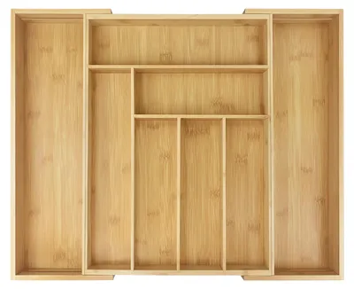 Image de Boîte à couverts en bambou - Organisateur de tiroir pour la cuisine - Extensible - 6 à 8 compartiments - Grand organisateur à couverts - Jaune