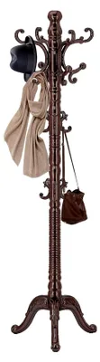 Produktbild von Garderobenständer aus Holz, freistehend mit stabilem Dreiecksfuß, Vintage-Kleiderständer mit 14 Haken, aus natürlichem Birkenholz, für Eingang, Büro, Flur