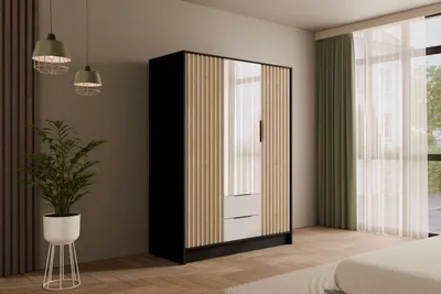 Produktbild von ALTDECOR Kleiderschrank mit Spiegel und selbstschließenden, Lamellentüren, Lamellen, Flügeltüren - NELIA - 150 cm Schwarz / Weiß / Artisan