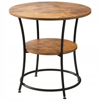 A round, two-tiered side table with a wood-grain top and black metal legs, presented against a white background.