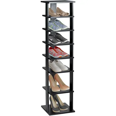 Zdjęcie produktu dla Drewniany stojak na buty COSTWAY, 8-poziomowy stojak na buty, pionowy organizer na buty, wolnostojący stojak do przechowywania, stojak narożny do domu (czarny)