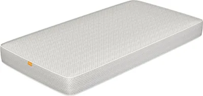 A white and gray mattress is shown from a diagonal angle against a white background.