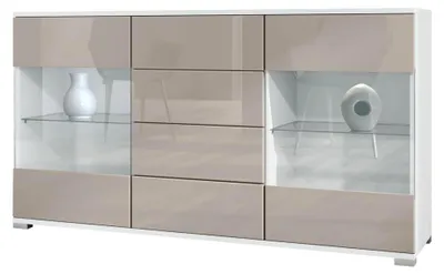 Produktbild von Sideboard Bari V1, Kommode mit 2 großen Türen und 4 Schubladen, Weiß matt/Sandgrau Hochglanz (138,5 x 75,5 x 35)