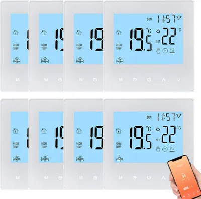 A collage of digital LCD thermostats, some showing a hand holding a smartphone with a thermostat app.