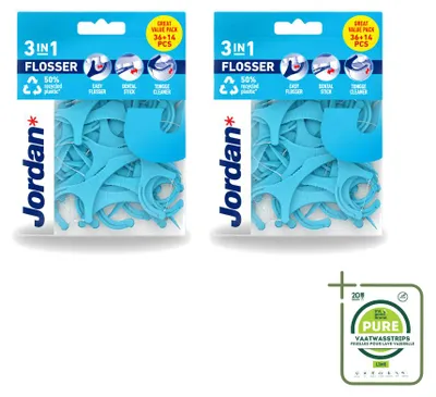 Productafbeelding van 2 x Jordan 3-in-1 flosser - Tandzijde, tandenstoker en tongschraper - grote verpakking - 2 stuks