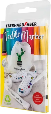 Produktbild von Eberhard Faber 578208 - Textil Marker, 8 Stoffmalstifte in leuchtenden Farben, Strichstärke ca. 2 mm, mit Schablonen, geeignet für verschiedene Stoffe, nach Fixierung waschbeständig bis 60°C