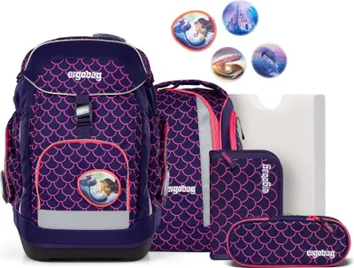 A set of school supplies including a backpack, pencil case, and other accessories, all featuring a mermaid scale pattern.