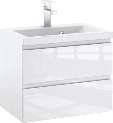 Produktbild von Furni Badunterschrank 60 cm Weiß Hochglanz lackiert – Vormontierter Waschbeckenunterschrank mit Griffmulde, Hängend, 2 Schubladen